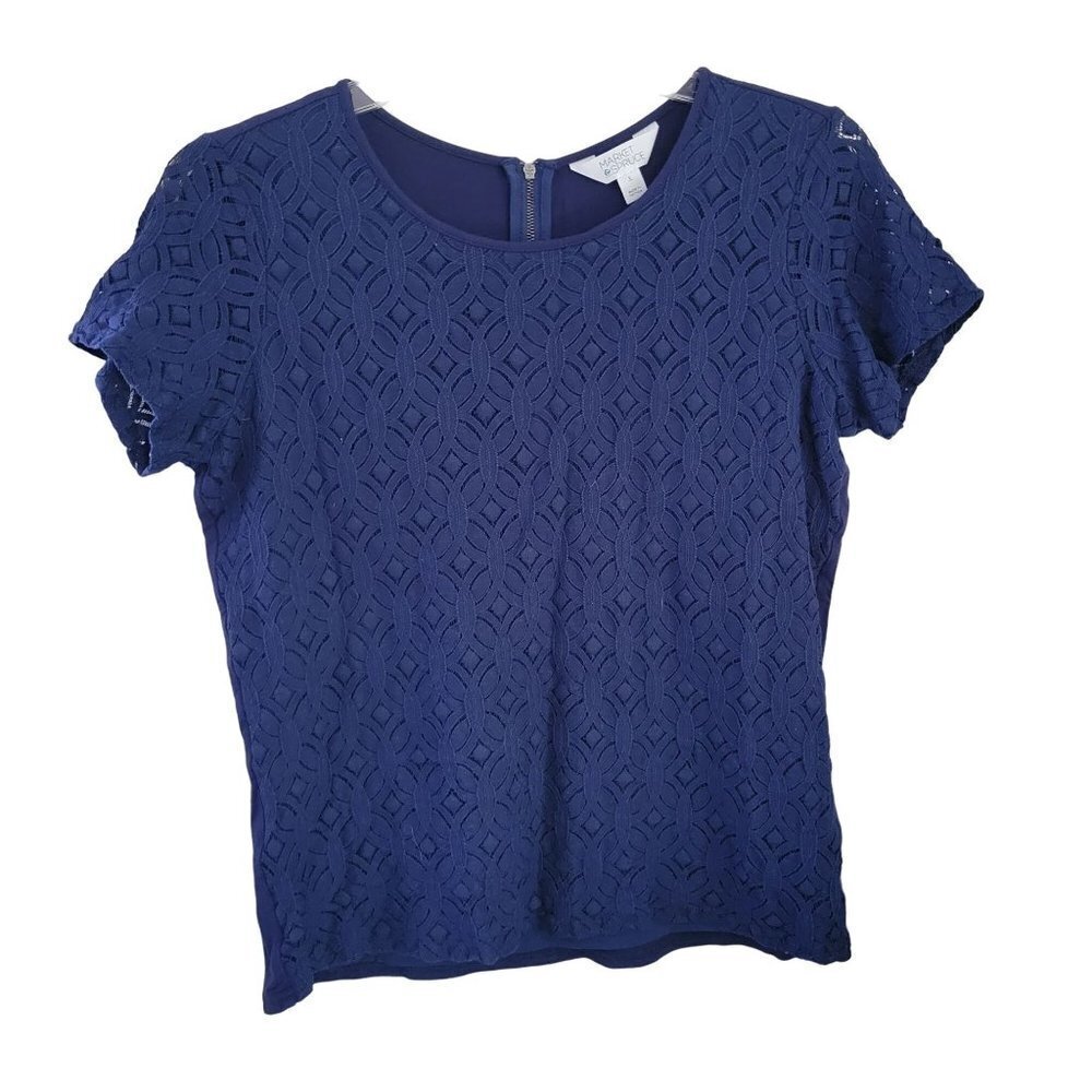 Market & Spruce Sz Large Blue Crochet Lace Lined Back Zip Short Sleeve Blouse